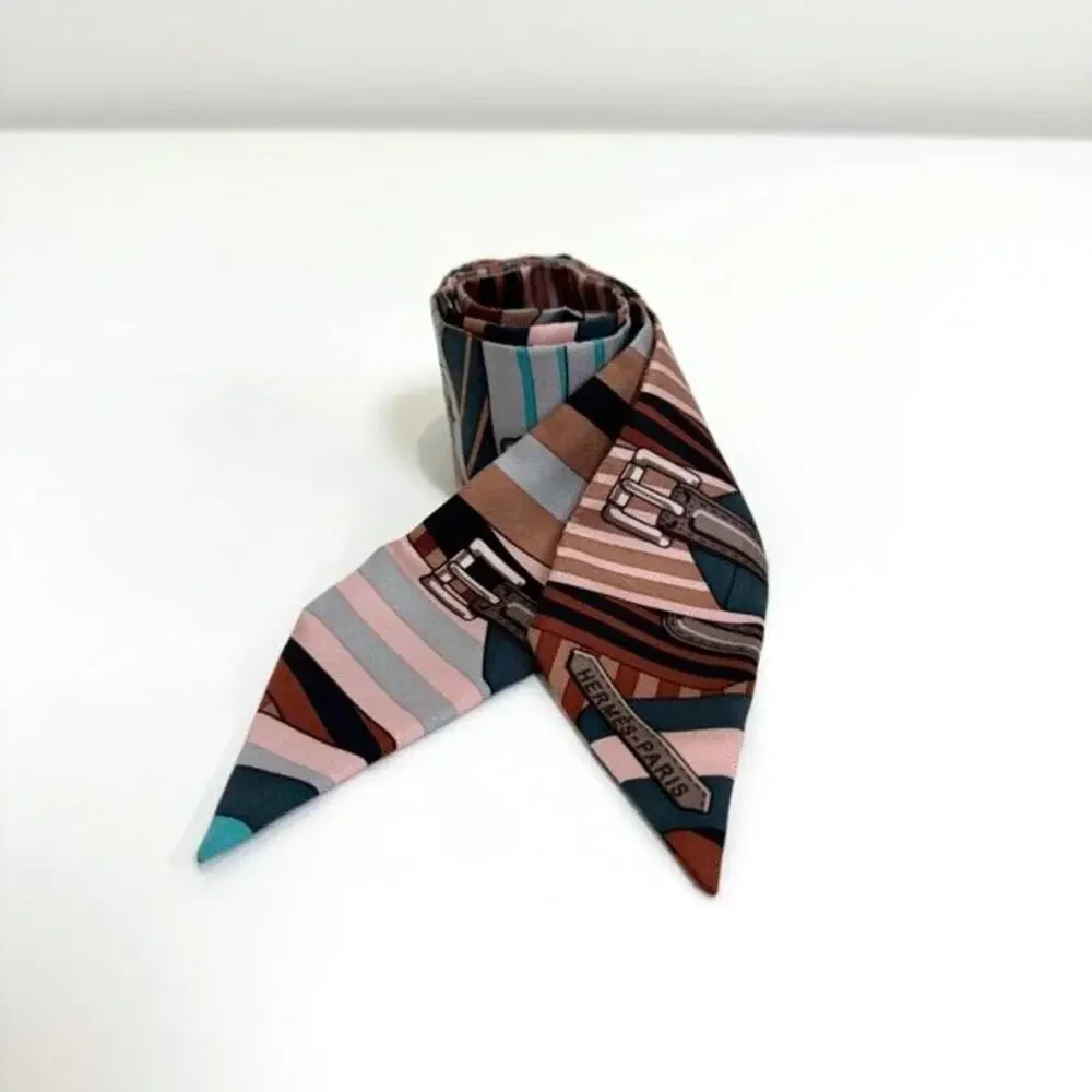 HERMES Paris Echarpe Belt Motif Silk Twilly Blue Brown Orange Satin Neck Scarf